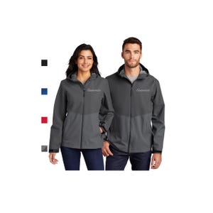 May include: Two-tone gray hooded jackets with the word "Customize" embroidered on the chest. The jackets have a zipper closure and are worn by two people. The jackets are paired with blue jeans and dark pants.