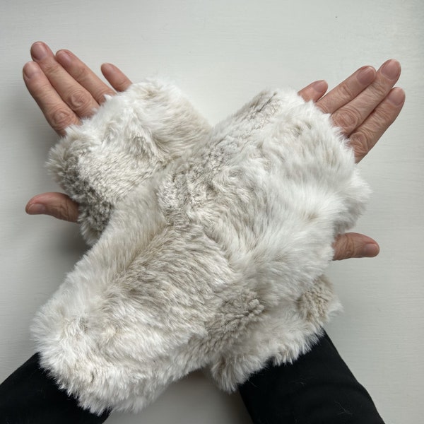 Plush white faux fur fingerless gloves, mittens, cuffs, hand warmers