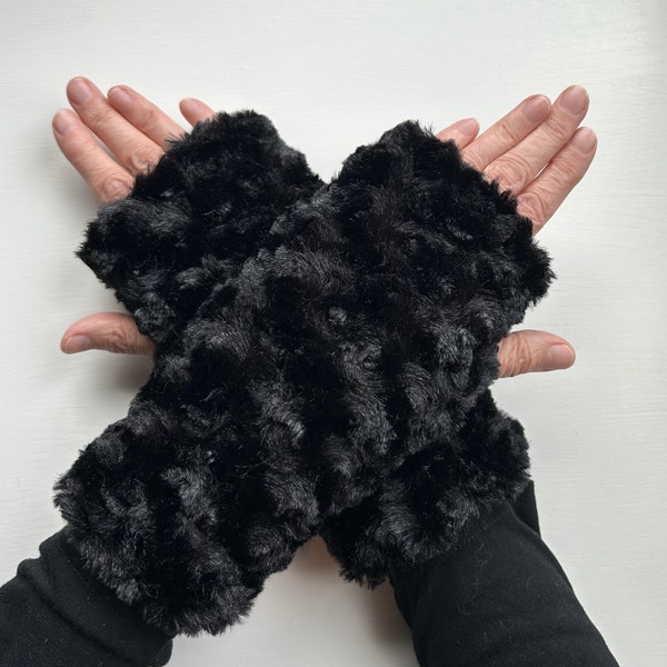 Plush black faux fur fingerless gloves, mittens, cuffs, hand warmer