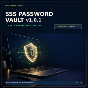 May include: A digital product display for SSS Password Vault v1.0.1, featuring a laptop screen with a glowing gold shield icon and keyhole graphic. The text reads Local, Encrypted, Offline, Windows + Mint, and One purchase, Two desktop editions.