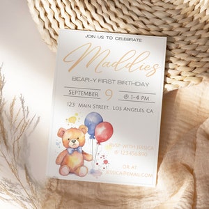 Invitación de cumpleaños de los niños, invitación del oso de peluche, cumpleaños del niño, plantilla de invitación de cumpleaños del oso de peluche, plantilla de invitación personalizada