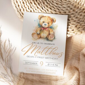 Invitación de cumpleaños de los niños, invitación del oso de peluche, cumpleaños del niño, plantilla de invitación de cumpleaños del oso de peluche, plantilla de invitación personalizada