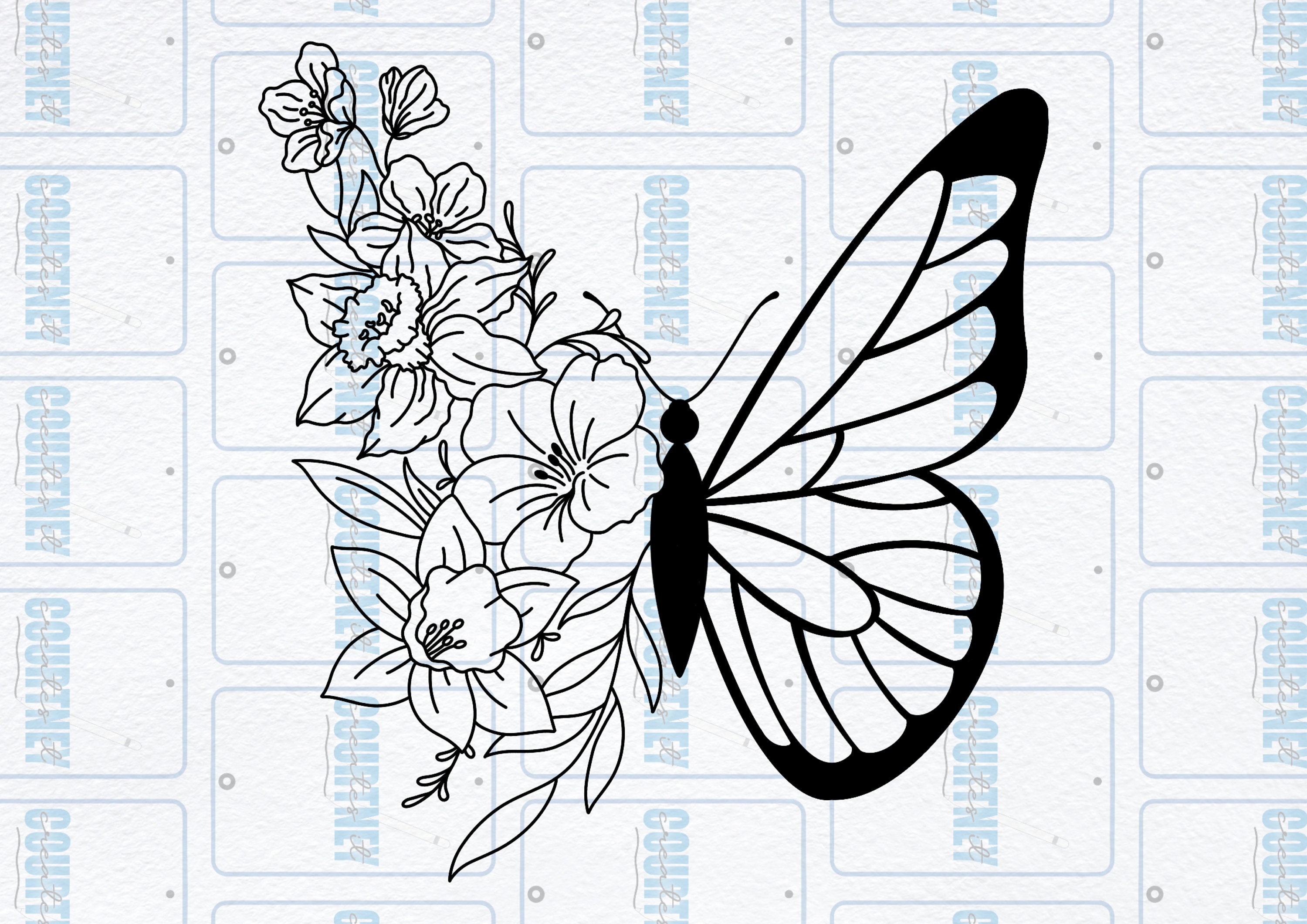 Vintage Butterfly and Flower Tattoo Design