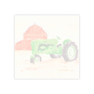 Op de afbeelding: Waterverfschilderij van een groene tractor in een veld met een rode schuur op de achtergrond. De tractor heeft grote grijze banden en een stuur. De schuur heeft een eenvoudige, rechthoekige vorm.