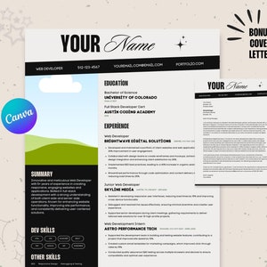 May include: A black and white resume template with a modern design. The resume includes a summary, experience, education, and skills sections. The template also includes a bonus cover letter.