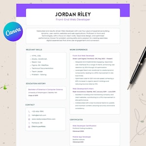 May include: A resume for a front-end web developer named Jordan Riley. The resume includes a summary of their skills, work experience, education, and certifications. The resume is designed in a modern and clean style with a purple and white colour scheme.