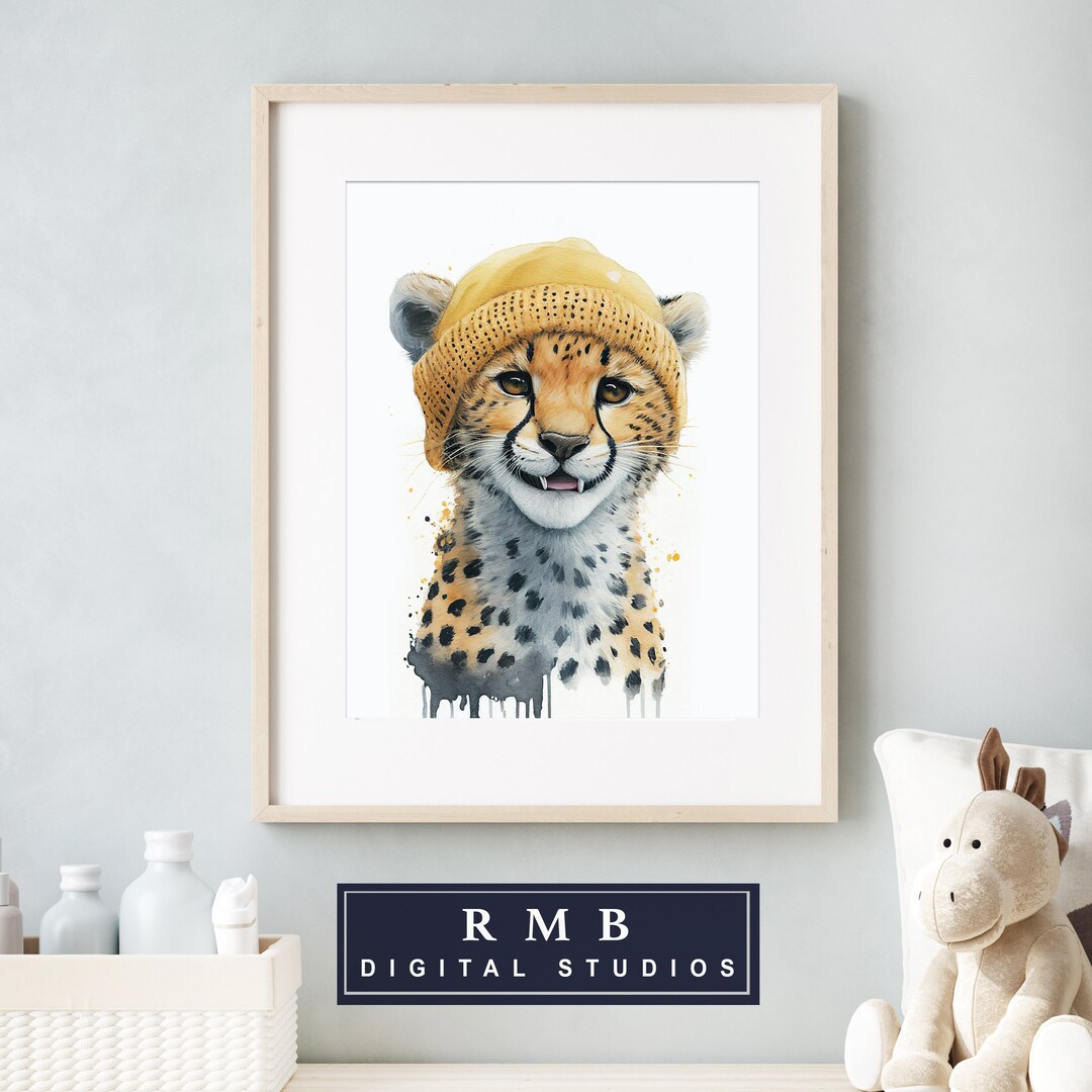 Cute Animal Wall Art Cheetah Wearing a Hat Water Color Print Printable Digital Art Cat Owner