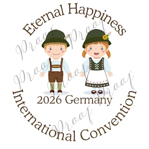 Puede incluir: Ilustración digital de dos niños de dibujos animados con trajes tradicionales alemanes. La imagen incluye el texto "Eternal Happiness International Convention 2026 Germany" en un diseño circular alrededor de las figuras.