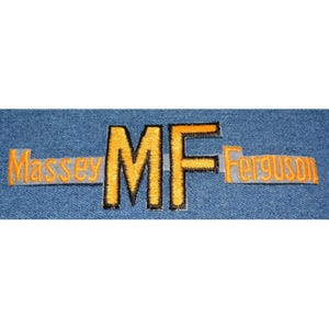 May include: Massey Ferguson embroidered patch with the letters "MF" in orange with black outlines on a blue denim background.