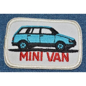 May include: A white embroidered patch with a blue mini van and the text "MINI VAN" in red.