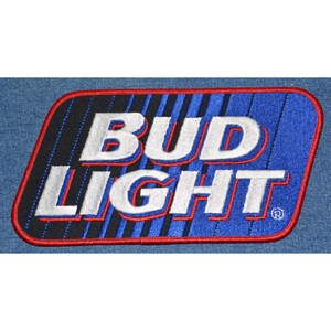 May include: A blue and red embroidered patch with the words "Bud Light" in white lettering.