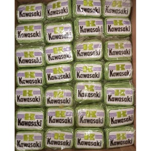 May include: A collection of Kawasaki patches. Each patch is rectangular with a white background, green border, and the Kawasaki logo in green and purple. The word "Kawasaki" is printed in green.