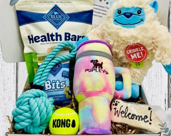 New Dog Congratulations Gift Box – Yeti Theme Dog Gift with Plush Yeti Toy, Pupley Toy, Treats, Kong Ball & Cookie Choice|The Happy Yeti Box