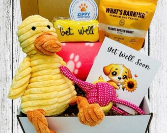 Get Well Dog Gift Box – Plush Duck, Rope Toy, Blanket, Treats & Cookie | Ducky-Comfort Care Package for Sick or Healing Pup