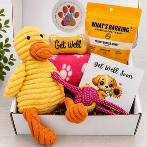 May include: A gift box containing a yellow corduroy duck plush, a pink fleece blanket with white paw prints, a bone-shaped cookie with Get Well text, a bag of What's Barking peanut butter honey dog treats, and a Get Well Soon card with a puppy.