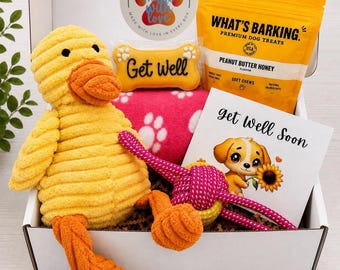 Get Well Dog Gift Box – Plush Duck, Rope Toy, Blanket, Treats & Cookie | Ducky-Comfort Care Package for Sick or Healing Pup