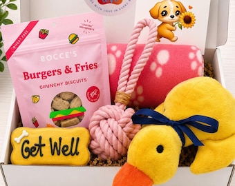May include: A gift box containing a bag of Bocce's Burgers & Fries crunchy biscuits, a pink rope toy with a ball knot, a yellow plush duck with a dark blue ribbon, a bone-shaped cookie with Get Well text, and a Get Well Soon card with a puppy.