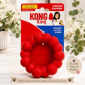 May include: A red KONG Ring dog toy made of durable natural rubber, designed for small to medium dogs up to 35 lbs. The packaging features the KONG logo, text stating Average Chewers, and an image of a person with a dog. The toy is circular.