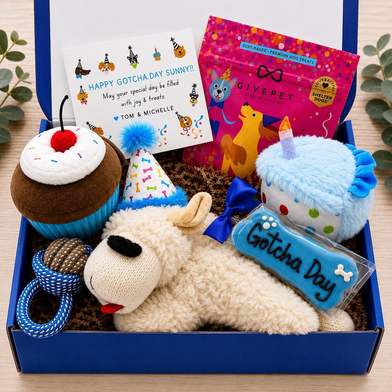 May include: A blue gift box containing a plush cupcake toy, a plush blue cake toy with a candle, a plush cream-colored dog toy wearing a party hat, a blue rope ball toy, a blue bone-shaped cookie labeled Gotcha Day, and a bag of GivePet dog treats.