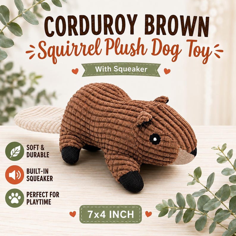 May include: A brown corduroy squirrel plush dog toy with a cream-colored tail, black paws, and a black nose. The text on the image reads: CORDUROY BROWN Squirrel Plush Dog Toy, With Squeaker, SOFT & DURABLE, BUILT-IN SQUEAKER, PERFECT FOR PLAYTIME, 7x4 INCH.