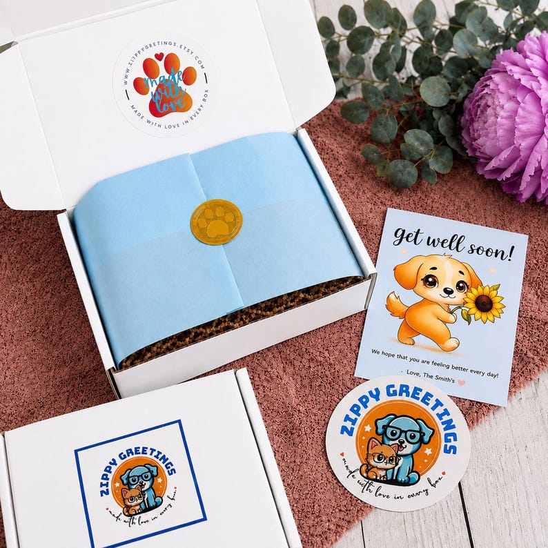 May include: A white cardboard gift box containing light blue tissue paper sealed with a gold paw print sticker. Includes a Get Well Soon card featuring a cartoon puppy with a sunflower and a circular Zippy Greetings sticker with cat and dog art.