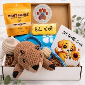 May include: A gift box filled with dog treats, a plush bear toy, a blue blanket with paw prints, a rope toy, and a 'Get Well Soon' card featuring a puppy holding a sunflower. The box also contains a yellow bone-shaped toy.