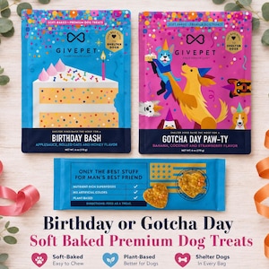 May include: Two rectangular pouches of soft-baked dog treats, one blue with a birthday cake graphic and one pink with dogs in party hats. A third blue horizontal pouch displays a heart-shaped treat, the text 'Only the best stuff for man's best friend', and a 6 oz (170 g) net weight label.