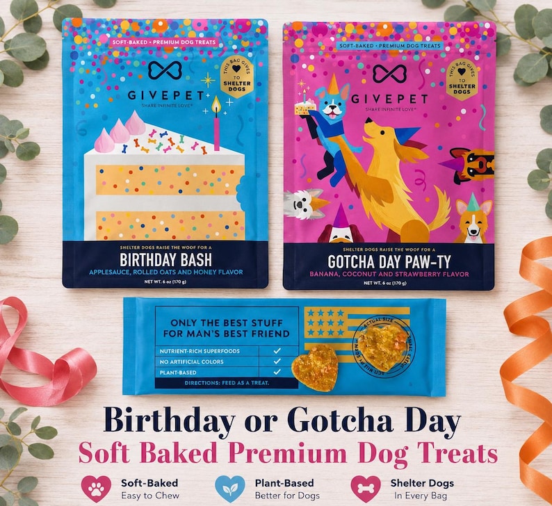 May include: Two rectangular pouches of soft-baked dog treats, one blue with a birthday cake graphic and one pink with dogs in party hats. A third blue horizontal pouch displays a heart-shaped treat, the text 'Only the best stuff for man's best friend', and a 6 oz (170 g) net weight label.