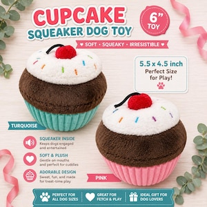 May include: Two plush cupcake dog toys, one with a turquoise base and one with a pink base. Each toy features a brown middle, white top with colorful sprinkles, and a red cherry on top. The toys measure 5.5 by 4.5 inches and contain a squeaker.