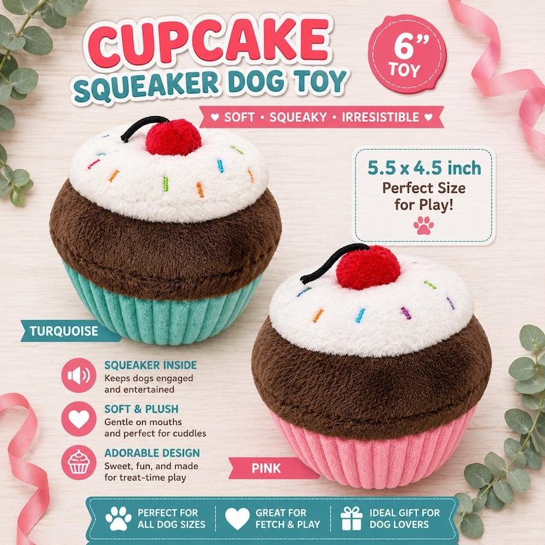 May include: Two plush cupcake dog toys, one with a turquoise base and one with a pink base. Each toy features a brown middle, white top with colorful sprinkles, and a red cherry on top. The toys measure 5.5 by 4.5 inches and contain a squeaker.