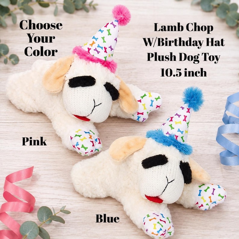 May include: Two 10.5 inch Lamb Chop plush dog toys featuring white bodies, tan ears, and black eyebrows. Each toy wears a party hat with a colorful bone pattern and a pom-pom. One hat has pink trim and a pink pom-pom, the other has blue trim and a blue pom-pom.