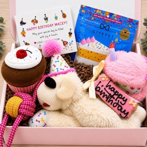 May include: A pink gift box containing a plush dog wearing a party hat, a plush cupcake toy with a red cherry, a pink plush toy with a candle, a pink and yellow rope toy, a bag of GivePet dog treats, and a card reading Happy Birthday Macey.