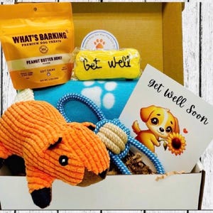 May include: A dog-themed gift box containing a plush orange dog toy, a blue rope toy, a bag of peanut butter honey dog treats, a yellow bone-shaped toy with "Get Well" text, a blue blanket, and a "Get Well Soon" card.