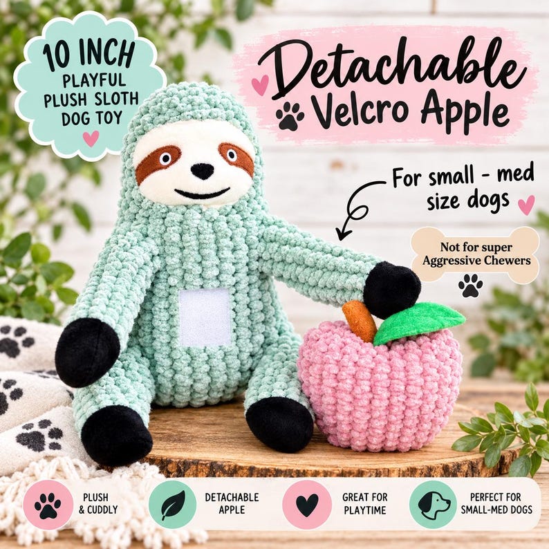 May include: A 10-inch plush sloth dog toy with a light green textured body, brown eye patches, and black paws. It features a white velcro square on its chest and comes with a detachable pink plush apple with a green leaf and orange stem.