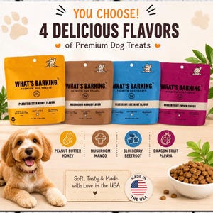 May include: Four bags of What's Barking premium dog treats in yellow, brown, blue, and magenta. Flavors include peanut butter honey, mushroom mango, blueberry beetroot, and dragon fruit papaya. Each bag contains 1.5 oz of soft bites made in the USA.