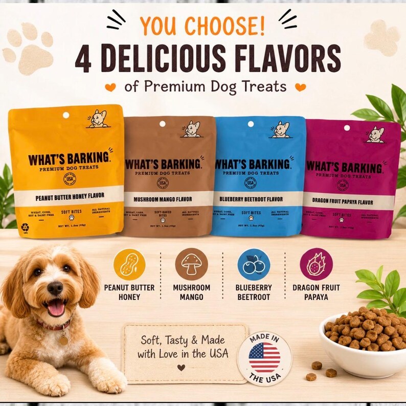 May include: Four bags of What's Barking premium dog treats in yellow, brown, blue, and magenta. Flavors include peanut butter honey, mushroom mango, blueberry beetroot, and dragon fruit papaya. Each bag contains 1.5 oz of soft bites made in the USA.