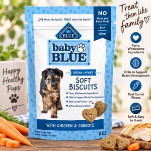May include: A light blue bag of Blue baby BLUE soft biscuits for puppies with chicken and carrots. The packaging features a puppy, heart-shaped biscuits, and text including 'NO Meat and Bone Meal', 'BHA', 'Wheat', and '8 OZ'.