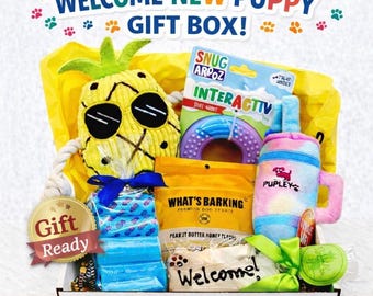 May include: A puppy gift box containing a yellow pineapple plush toy with sunglasses, a blue interactive ring toy, a bag of What's Barking peanut butter honey dog treats, a blue and pink plush bottle toy, and a bone-shaped cookie labeled Welcome.