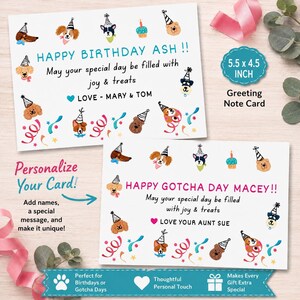 May include: Two rectangular greeting note cards measuring 5.5 x 4.5 inches, featuring illustrations of dogs wearing party hats, colorful confetti, and cupcakes. The cards display text including Happy Birthday Ash and Happy Gotcha Day Macey.