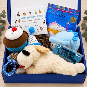 May include: A blue gift box containing a plush cupcake toy, a plush dog toy wearing a party hat, a blue plush dessert toy, a blue rope toy, a bag of GivePet soft-baked dog treats, and a white card that reads Happy Birthday Ash with text.