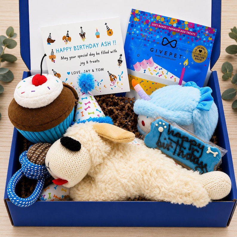 May include: A blue gift box containing a plush cupcake toy, a plush dog toy wearing a party hat, a blue plush dessert toy, a blue rope toy, a bag of GivePet soft-baked dog treats, and a white card that reads Happy Birthday Ash with text.