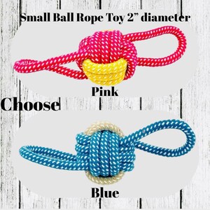 May include: Small ball rope toy, 2" diameter, available in pink and blue. The pink toy has a red and white rope with a yellow center. The blue toy has a blue and white rope with a beige center. The text "Choose" is also visible.