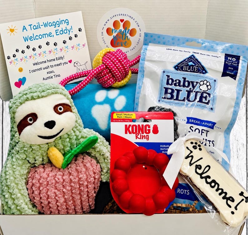 May include: A gift box for a puppy containing a plush sloth toy, a pink and yellow rope toy, a blue blanket with white paw prints, a bag of Blue Buffalo Baby Blue soft biscuits, a red Kong Ring, and a bone-shaped cookie with the word Welcome.