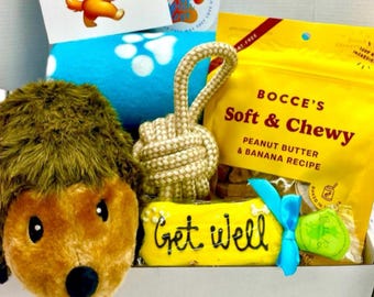 Op de afbeelding: Een cadeaupakket voor honden, met een pluche egel, een touwspeeltje, een zak hondenkoekjes met pindakaas en bananensmaak, een "Beterschap" koekje en een kaart met een cartoonhond met een zonnebloem.