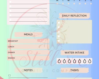 May include: A daily planner with a light blue and pink background. The planner has sections for to-do list, meals, notes, tasks, water intake, and daily reflection. The planner also has a calendar section with the month of September.