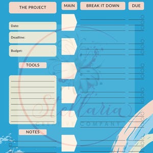 May include: A blue and white printable project planner with the title "Project Planner" and sections for "The Project", "Main", "Break It Down", and "Due".