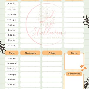 May include: A pastel green weekly study planner with a floral design and the text "Weekly Study Planner." The planner includes sections for each day of the week, time slots, notes, and homework. The planner has a grid pattern.