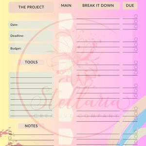 May include: A pink and yellow project planner with a floral design. The planner has sections for the project name, main tasks, break down, and due date. There are also sections for tools and notes.