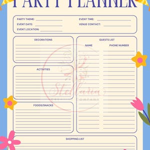 May include: A printable party planner with a blue background and colorful confetti. The planner includes sections for party theme, event date, event location, event time, venue contact, decorations, activities, foods/snacks, guests list, and a shopping list.