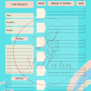 May include: A turquoise blue project planner with a cartoon dinosaur illustration. The planner has sections for the project name, main tasks, break down, and due date. It also includes sections for tools and notes.